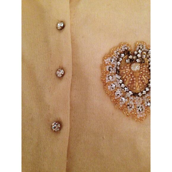 VINTAGE CARDIGAN SWEATER BEADED PEARL CREST RHINESTONE BUTTONS - Picture 3 of 14